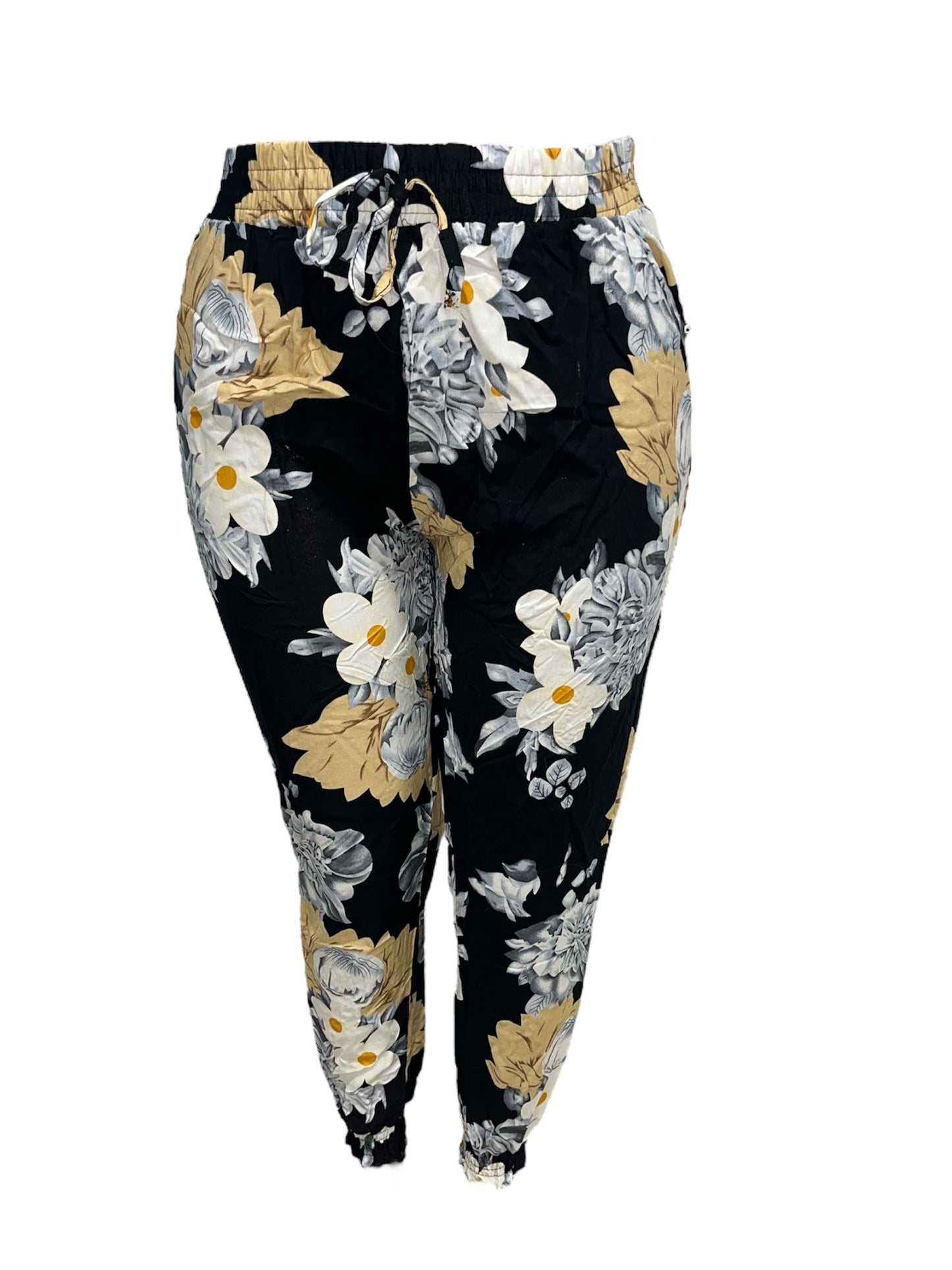 LUCHTIGE ZOMERBROEK MET PRINT ZWART/GEEL -PLUSSIZE