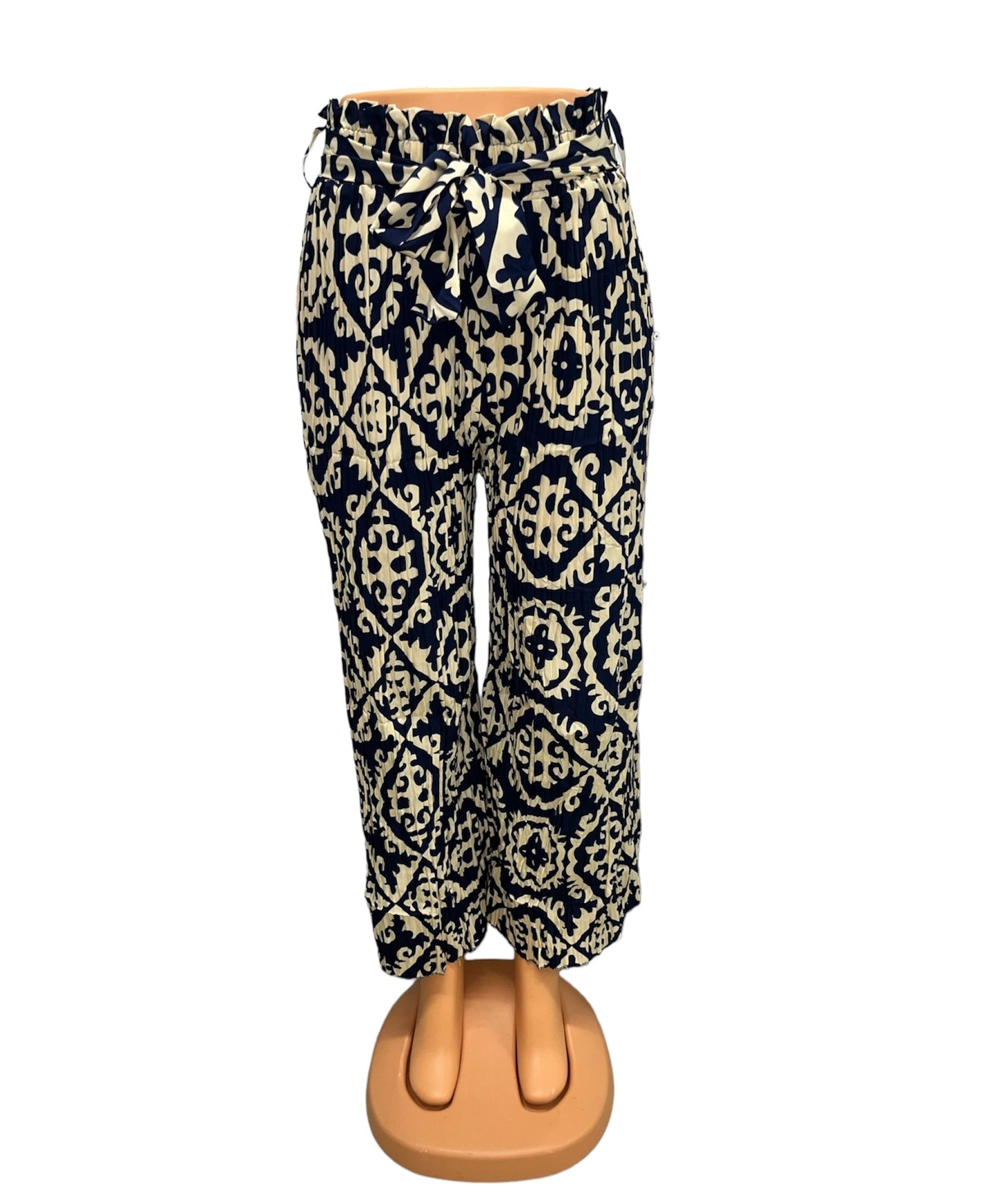 PANTALONES AIRY DE VERANO CON ESTAMPADO AZUL OSCURO/BEIGE -JILL