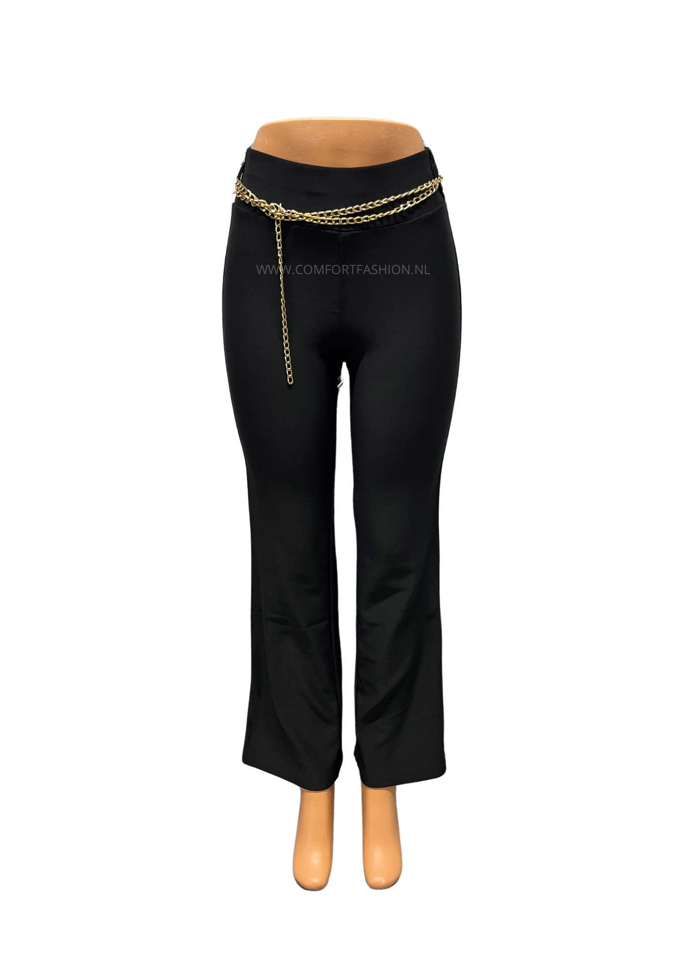 -COMFORTBROEK FLARED ZWART MET GOUDEN KETTING