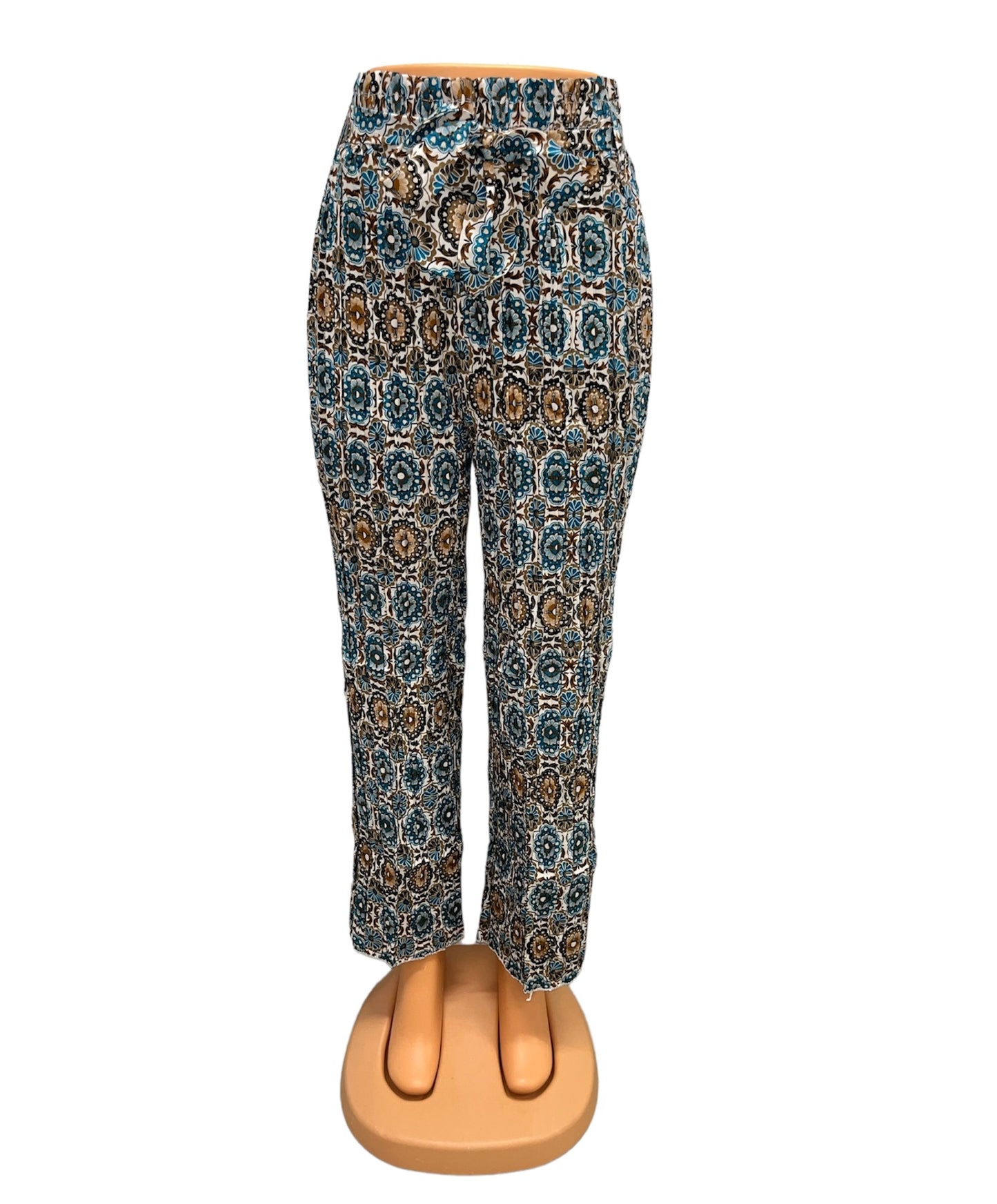 AIRY SUMMER PANTS WITH FLOWER PRINT BLUE/BROWN -NORA