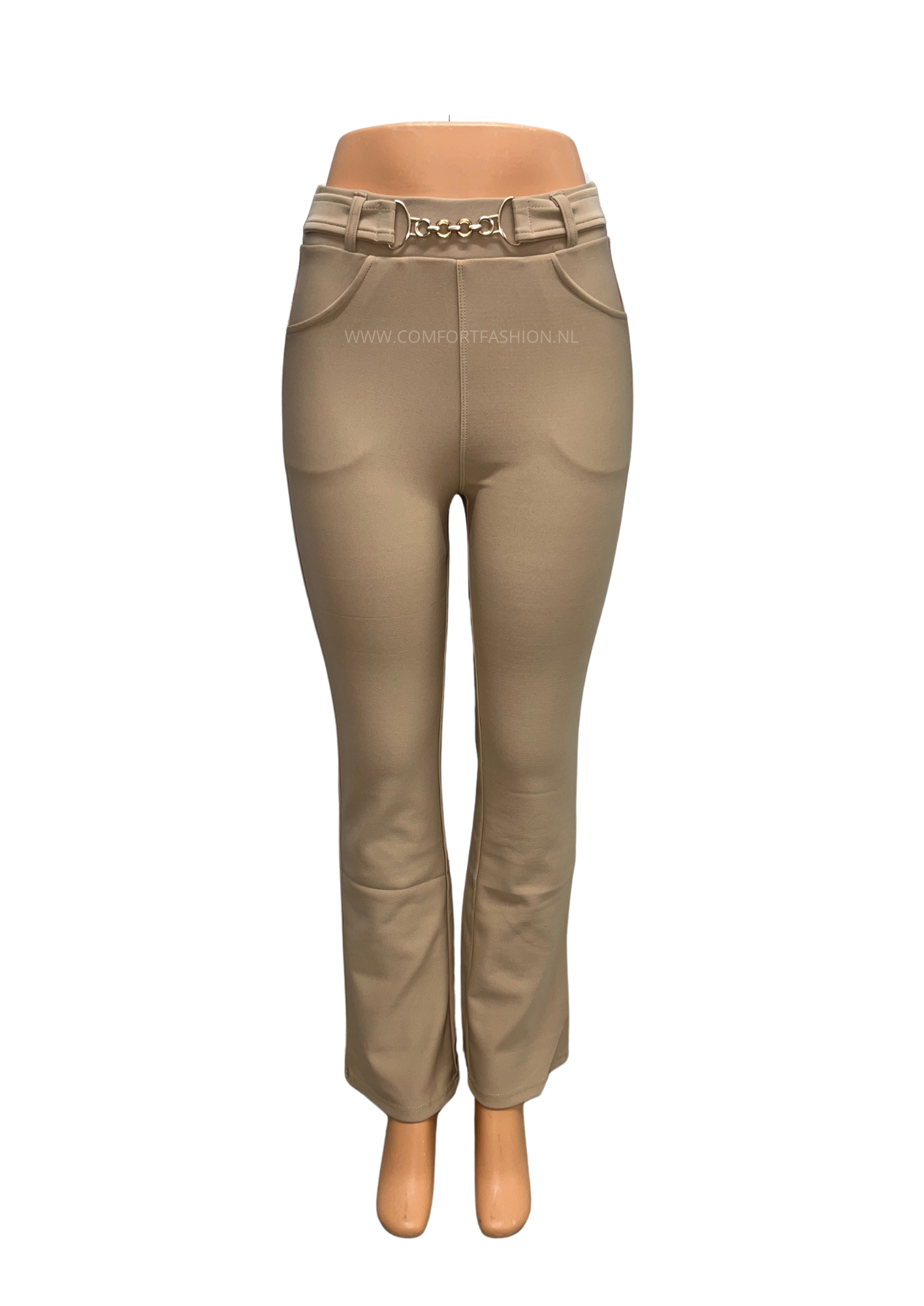 -COMFORTBROEK FLARED BEIGE GOUD RIEMPJE