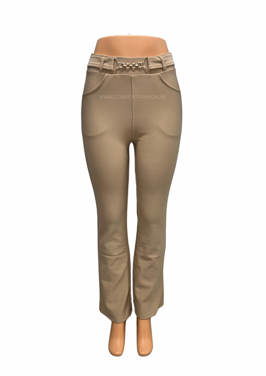 -COMFORTBROEK FLARED BEIGE GOUD RIEMPJE