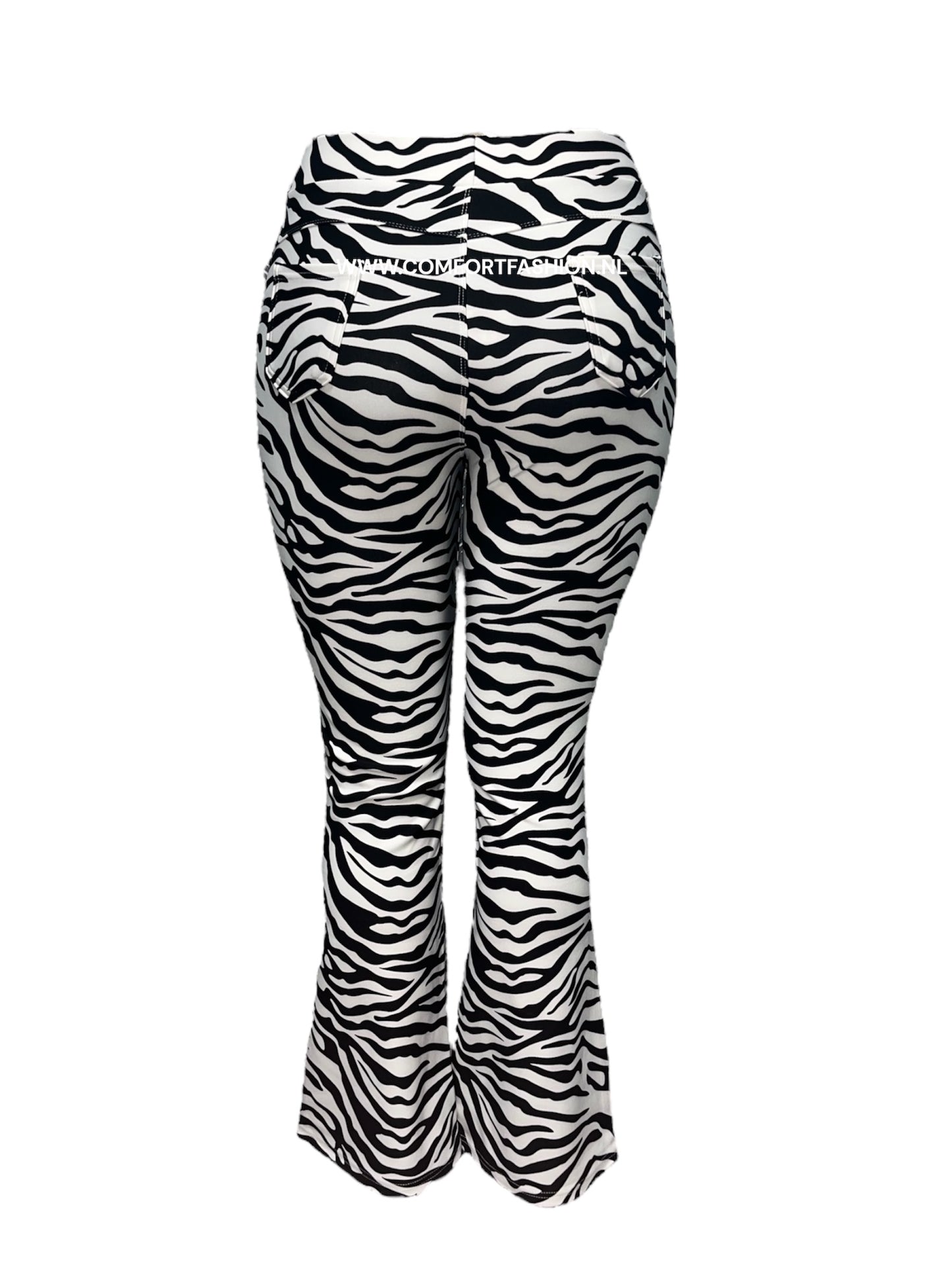 -COMFORTBROEK FLARED ZEBRAPRINT